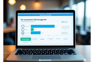 Ein Laptop zeigt eine digitale Selbsteinschätzung mit Fortschrittsbalken